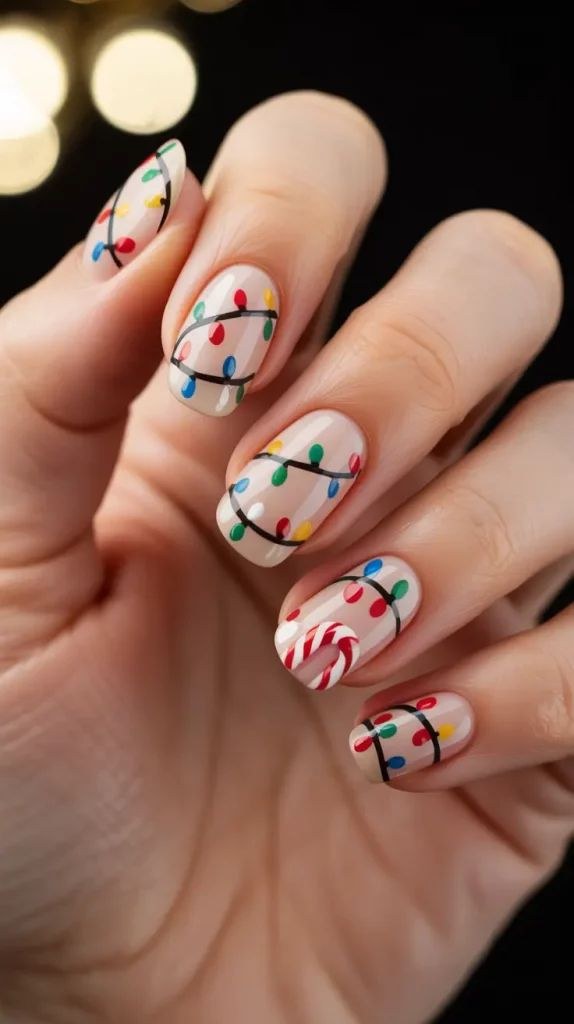 String Lights Candy Cane Cute Nails