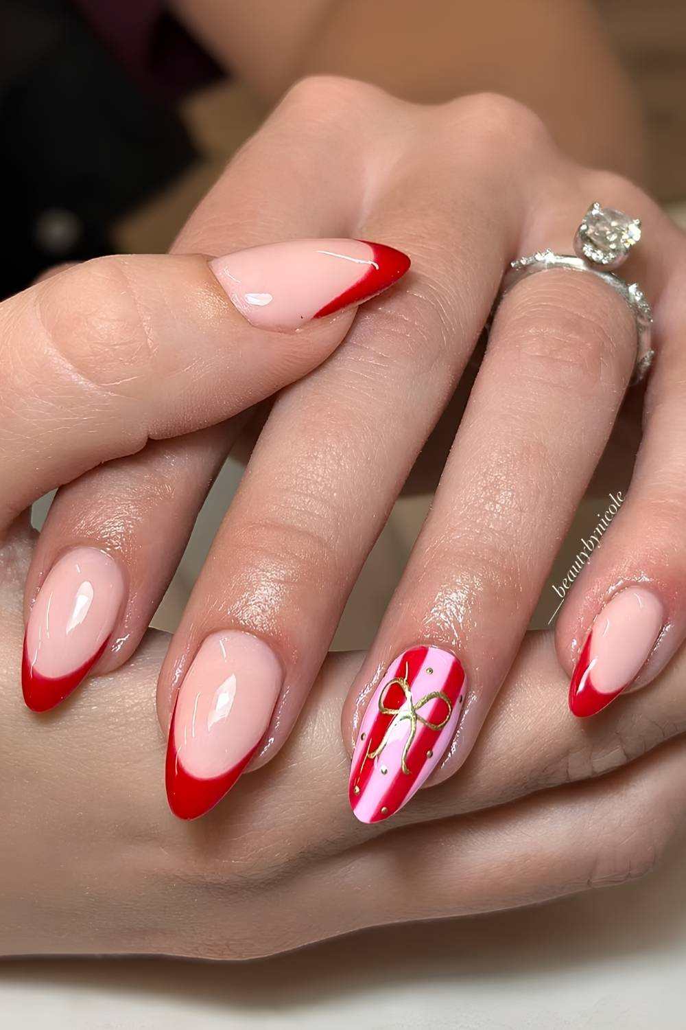 Stripe French Bow Red Nails