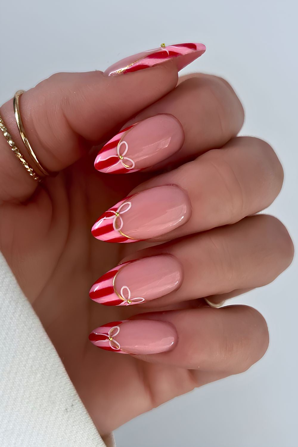Striped French Gold Bow Nails