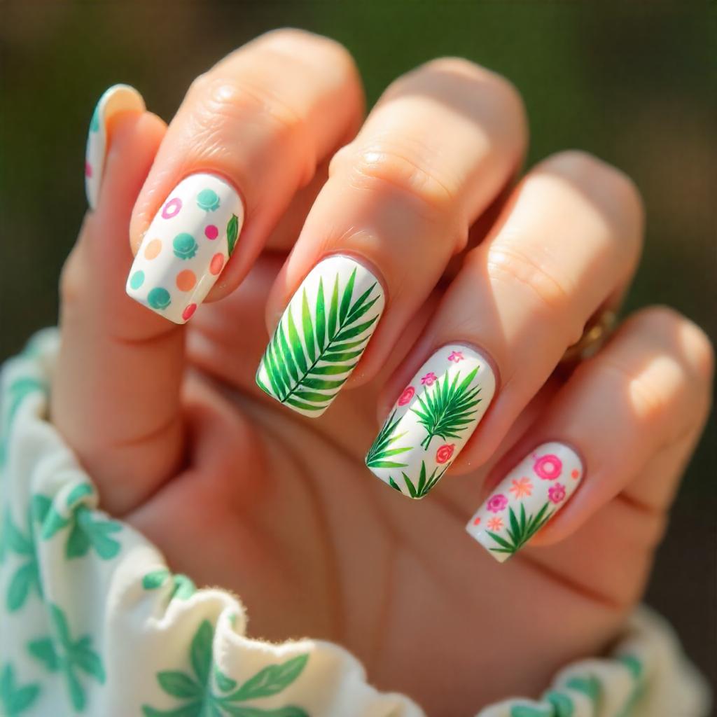 Summer nails 2025 - fresh mint green and white nail art with delicate leaf patterns and botanical designs for elegant summer manicures