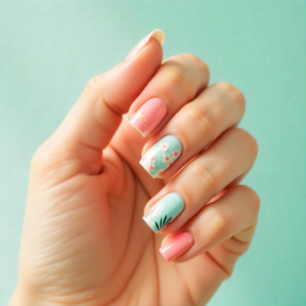 Summer nails 2025 - modern light pink and light blue nail art with delicate white floral designs for cute summer manicures