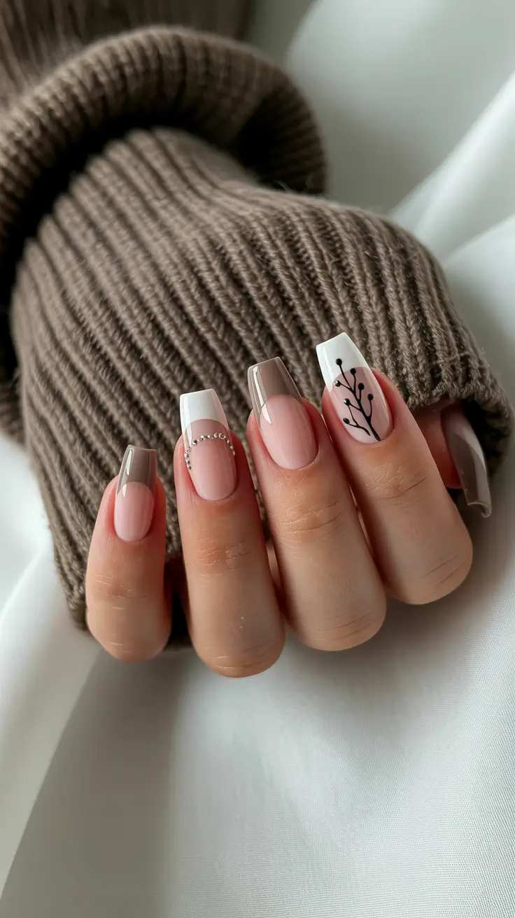 Taupe And White French Tip Coffin Nails With Botanical Accent