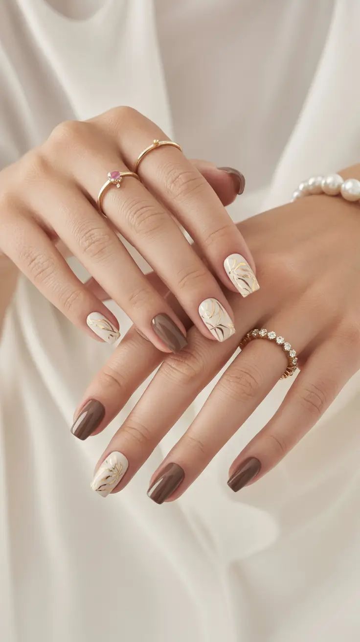 Taupe Brown And Cream Square Nails With Gold Foil Swirls