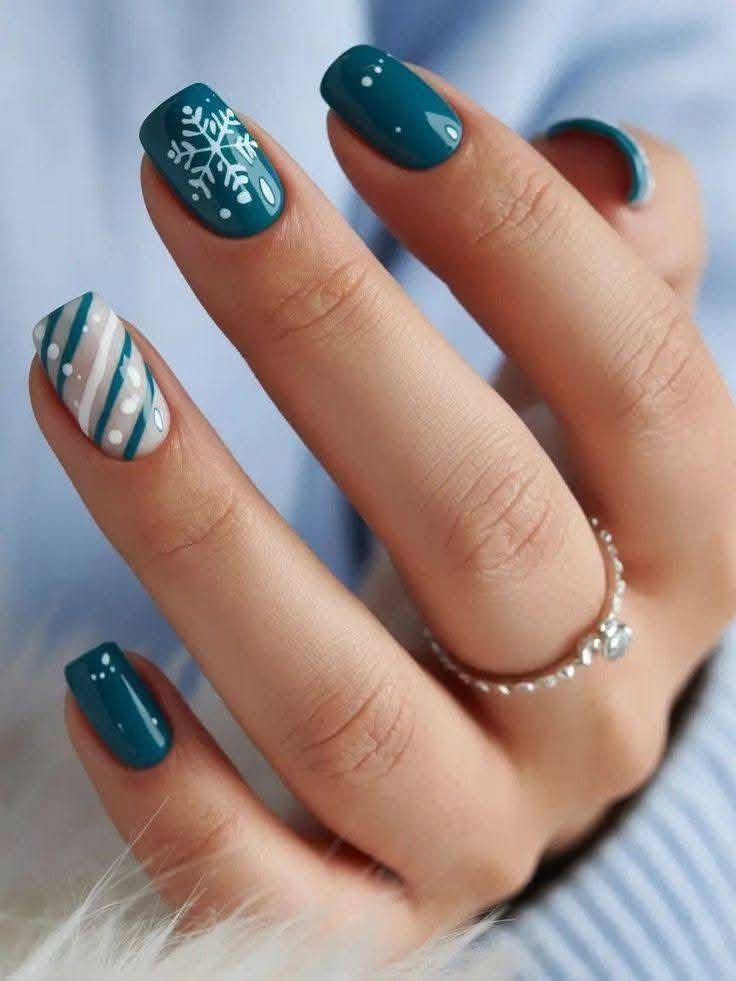 Teal Blue Snowflake And Candy Swirl Christmas Nails