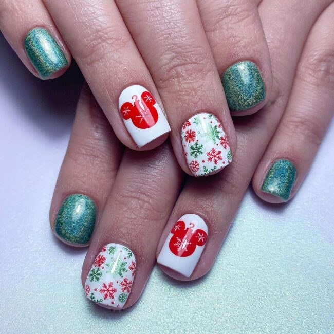 Teal Glitter Red Mickey Snowflake Disney Nails