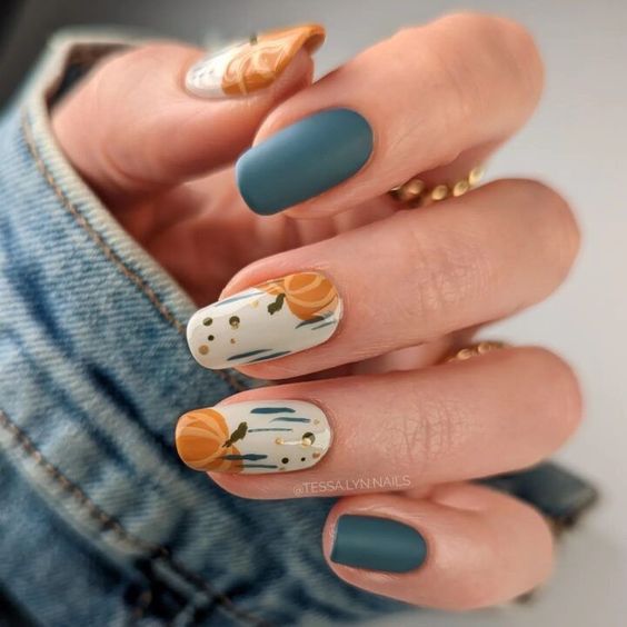 Teal & Pumpkin Fall Nails