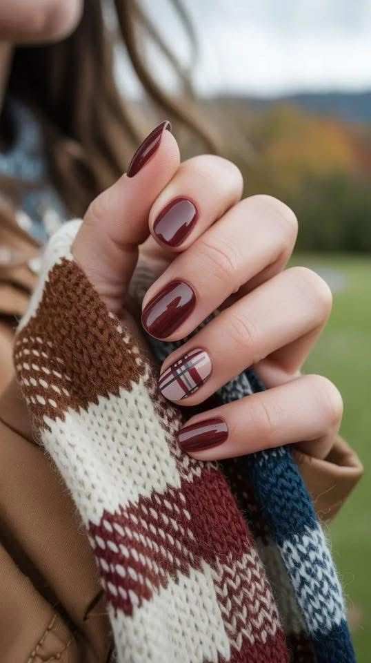 Thanksgiving Nails Burgundy Plaid
