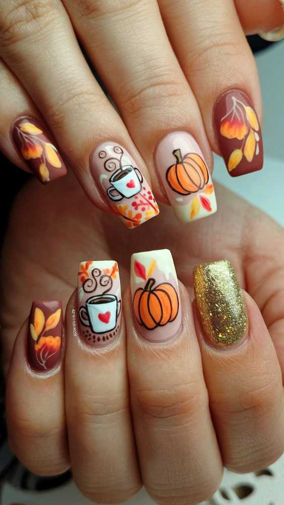 Thanksgiving Nails Coffee Pumpkin