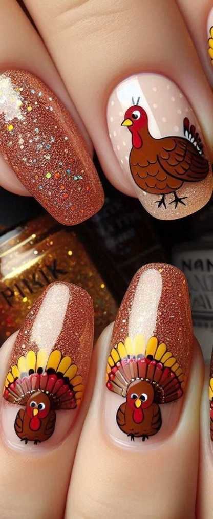 Thanksgiving Nails Copper Glitter