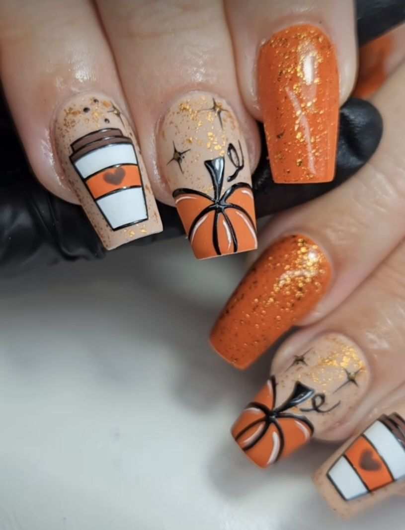 Thanksgiving Nails Glitter Coffee