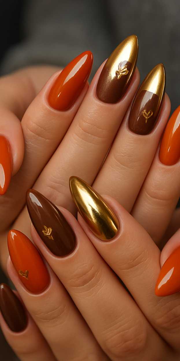Thanksgiving Nails Gold Chrome