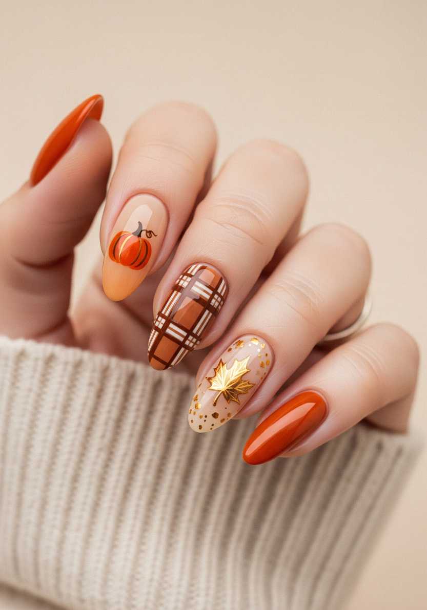 Thanksgiving Nails Orange Plaid