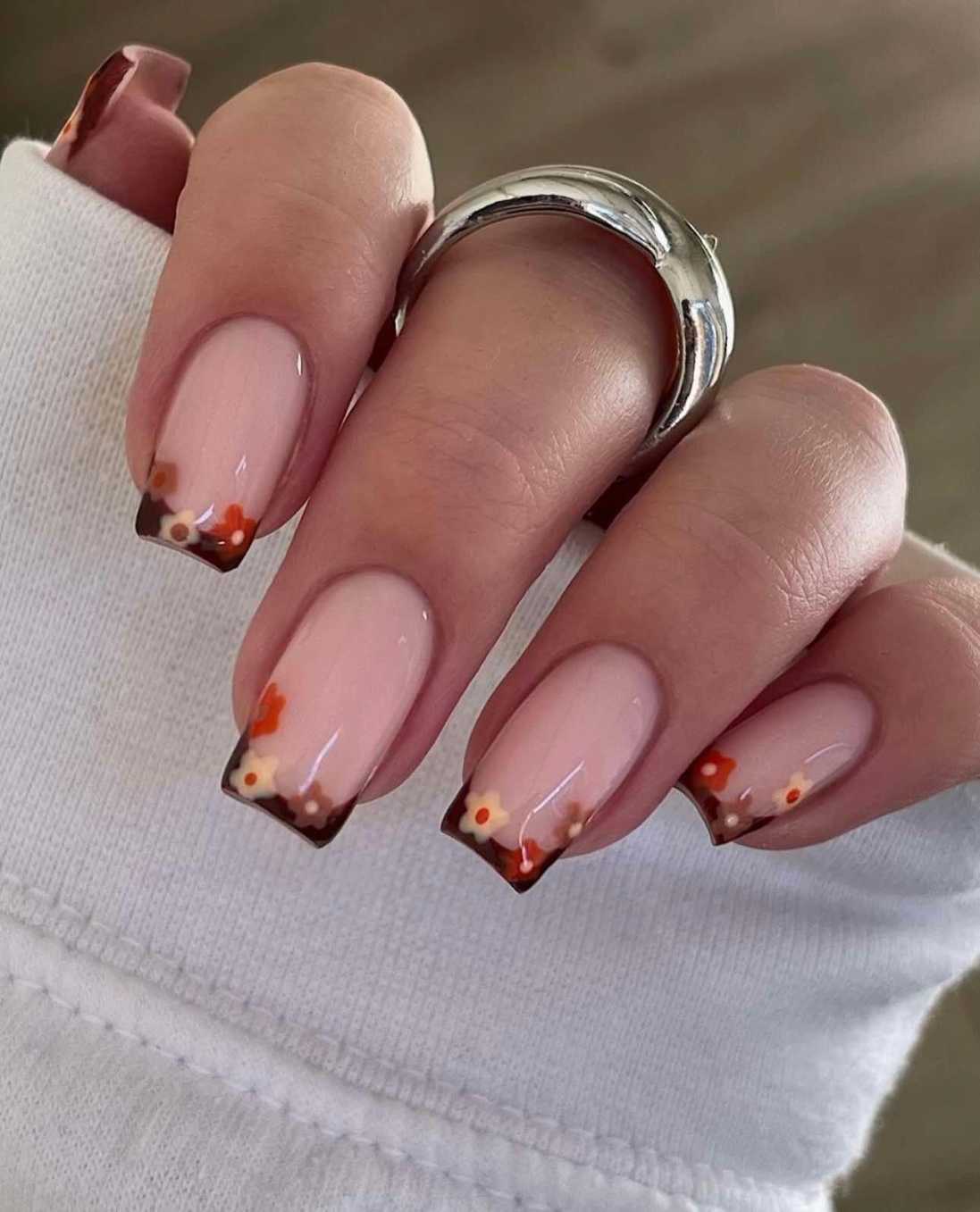Tiny Autumn Floral French Tip Square Fall Nails