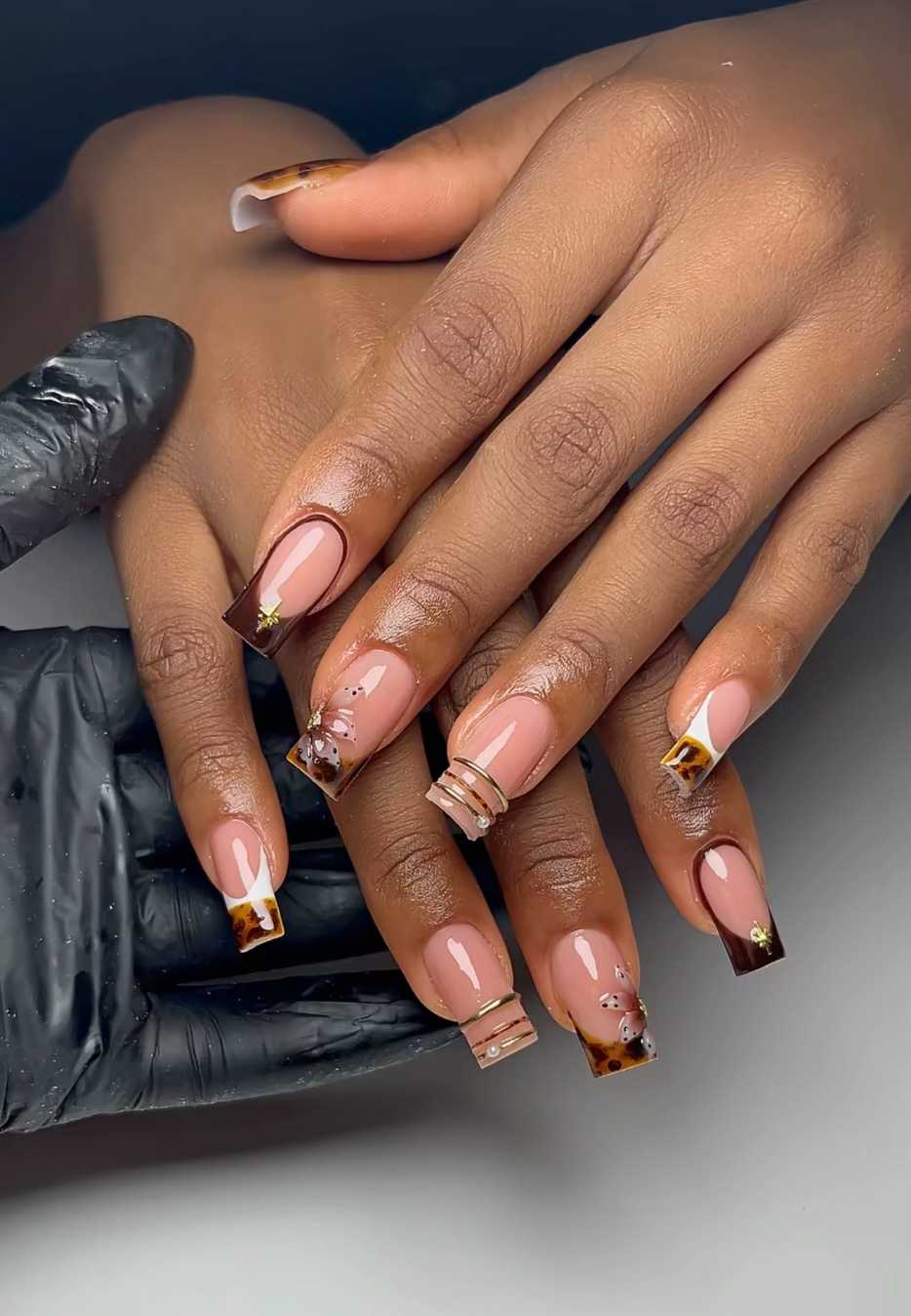 Tortoise Shell French Tip 3d Floral Fall Nails