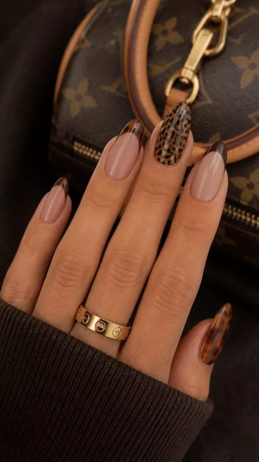 Tortoiseshell And Leopard Print French Tip Almond Nails