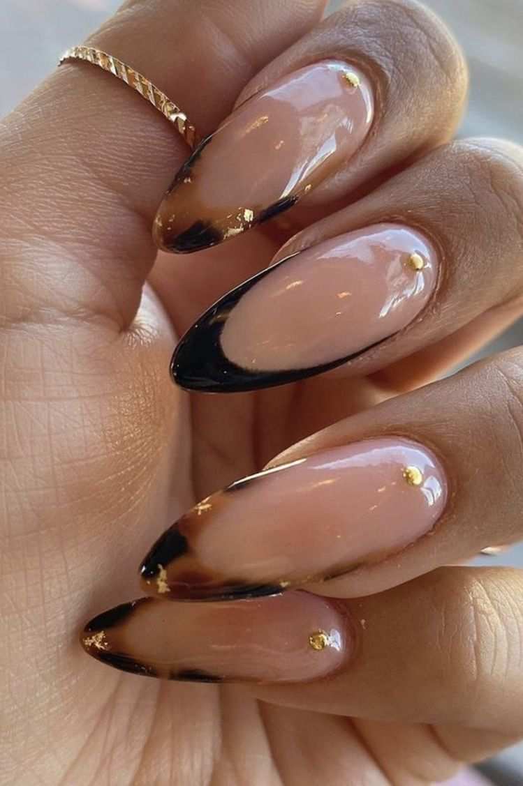 Tortoiseshell French Tip Almond Nails With Gold Foil Accents