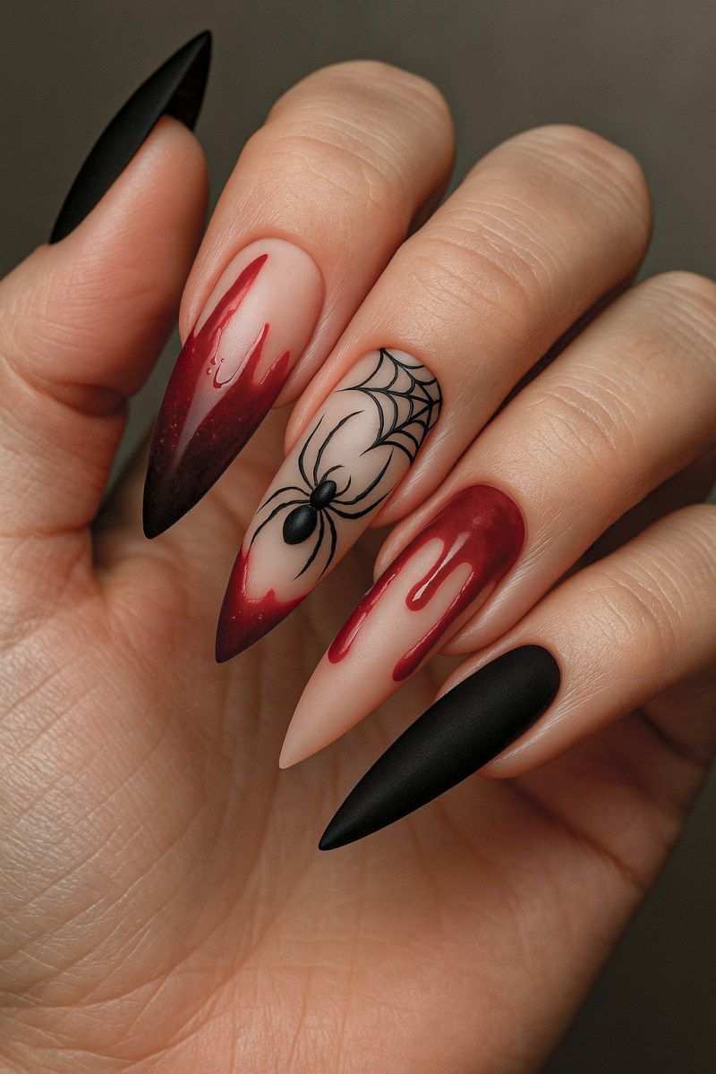 Vampire Blood Drip And Spider Matte Stiletto Halloween Nails