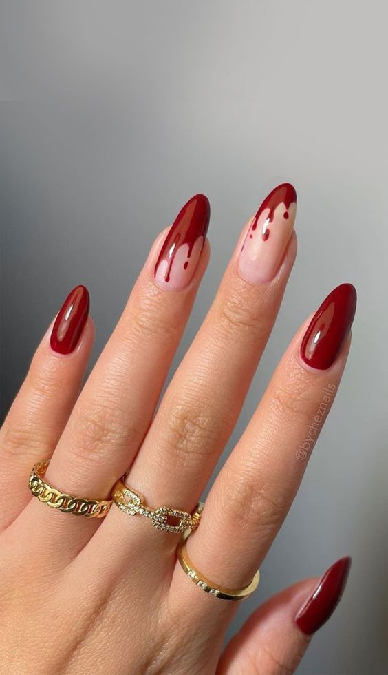 Vampy Deep Red Blood Drip Halloween Almond Nails