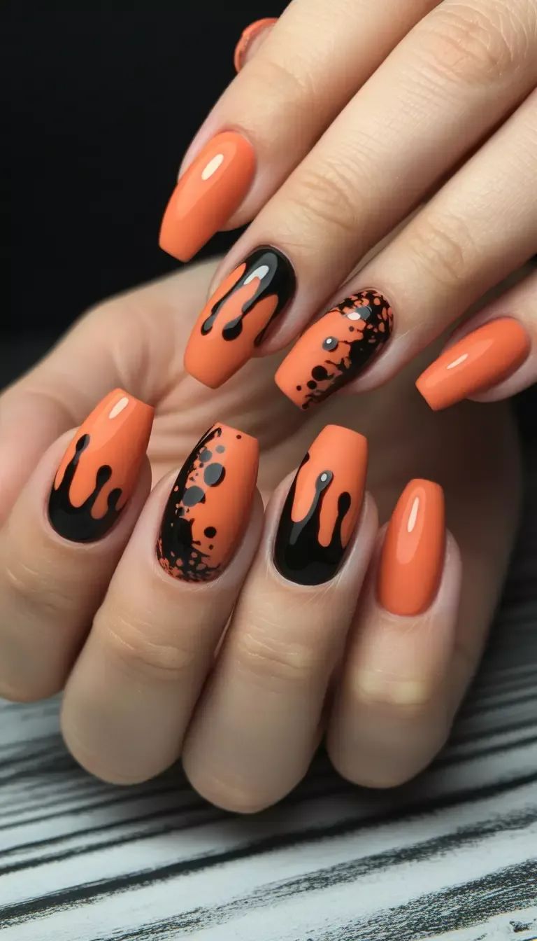 Vibrant Pumpkin Orange And Black Slime Drip Halloween Coffin Nails