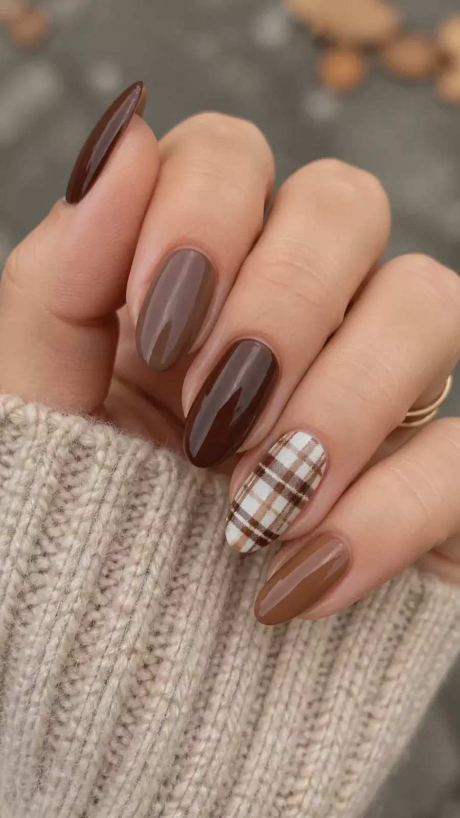 Warm Brown Flannel Plaid Accent Almond Nails