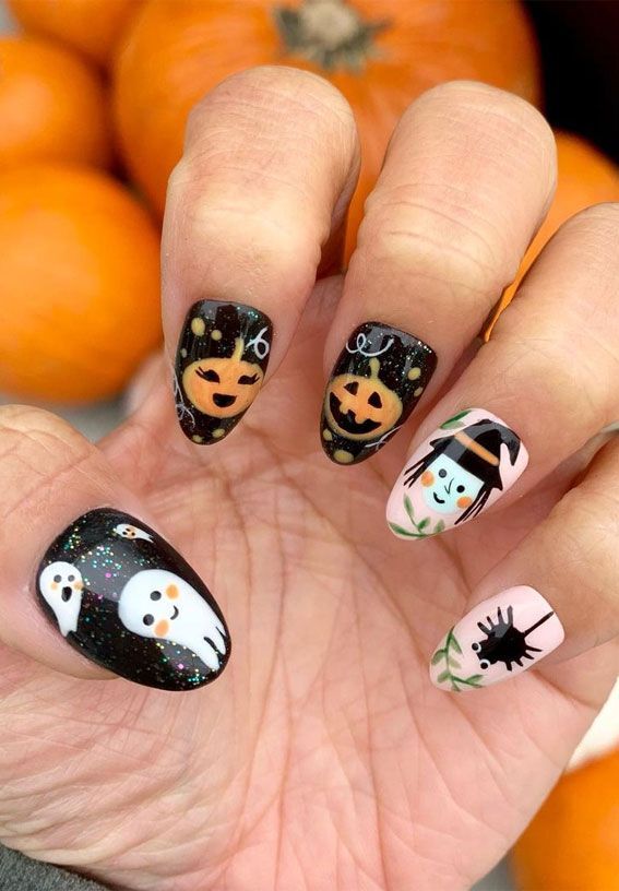 Whimsical Cartoon Ghost Witch And Pumpkin Halloween Almond Nails