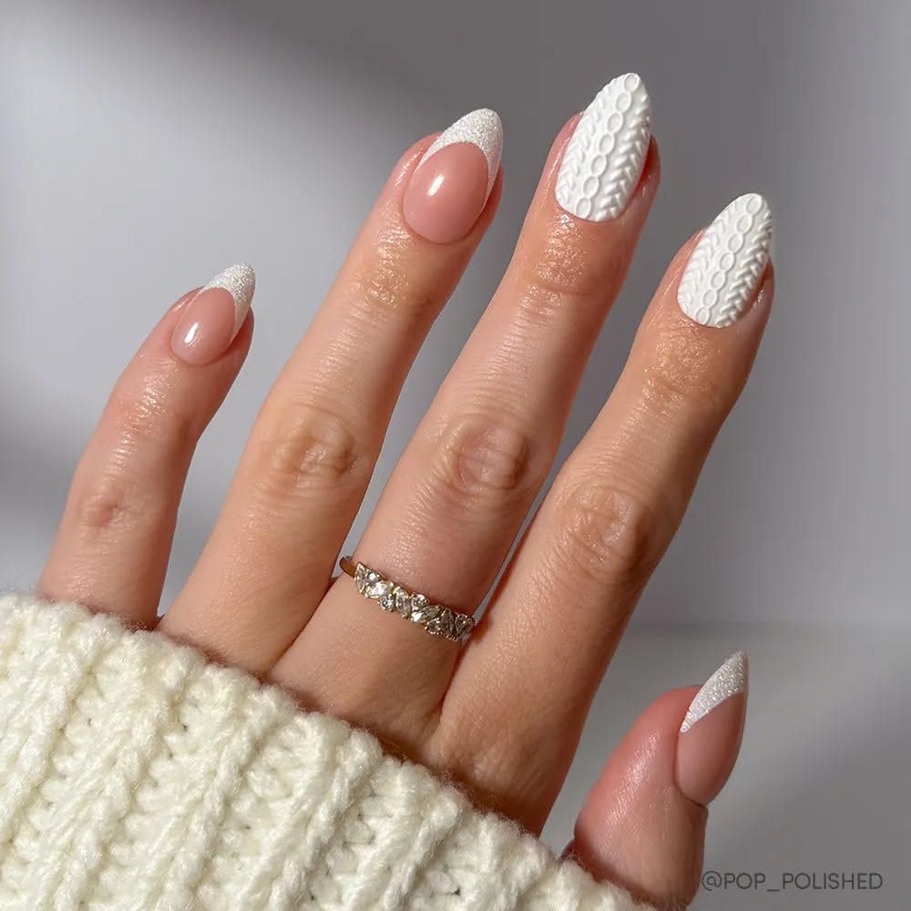 White 3D Cable Knit Sweater Almond Nails With Sugar French Tips