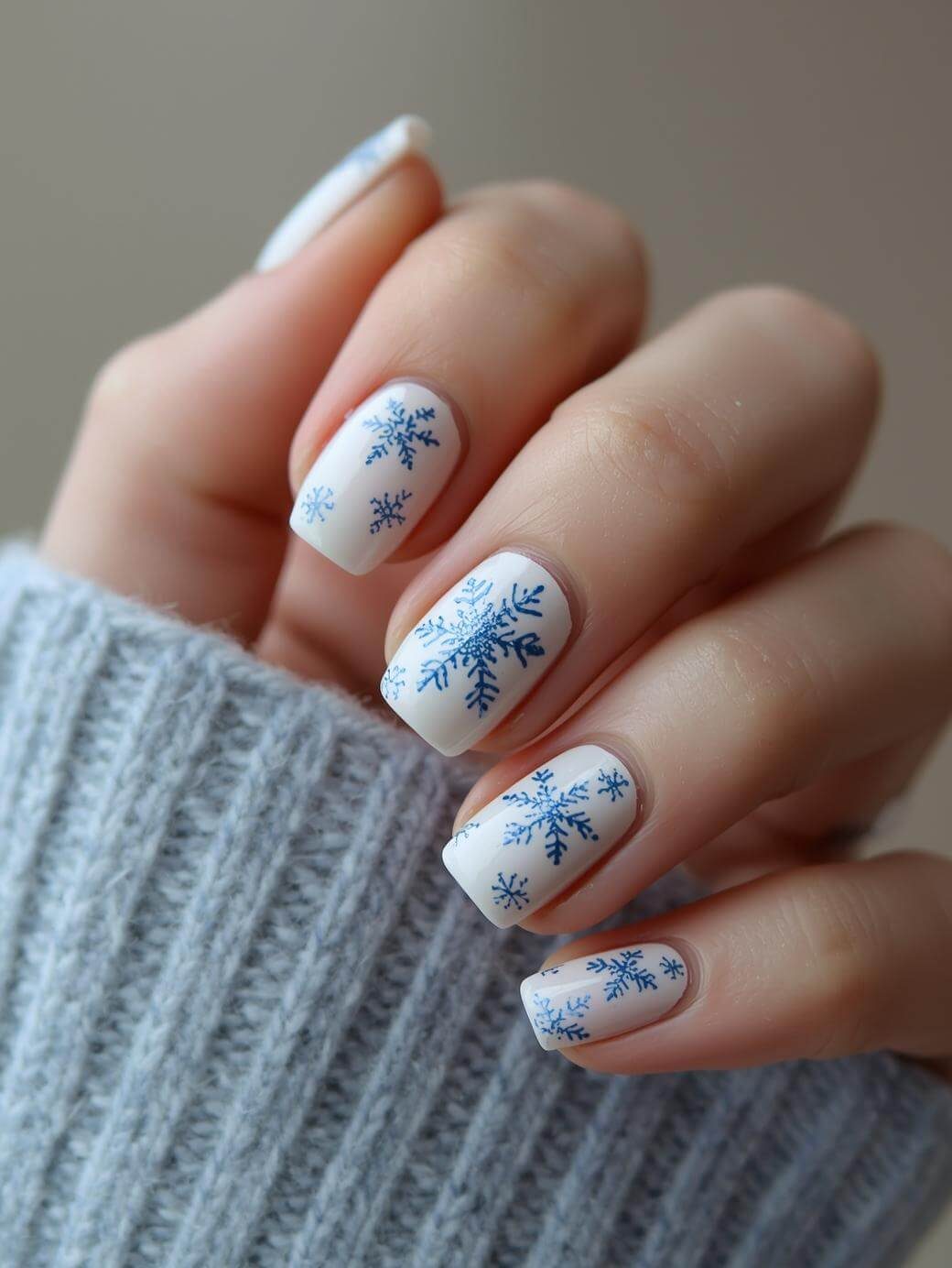 White Blue Snowflake Winter Nails