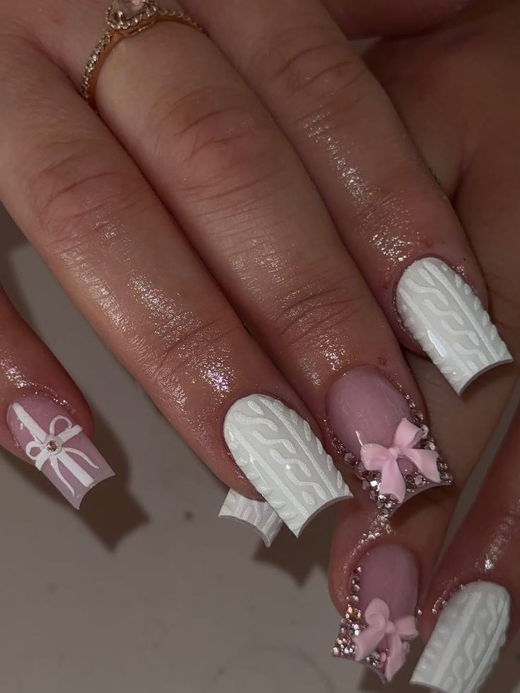White Cable Knit Bow Sweater Nails