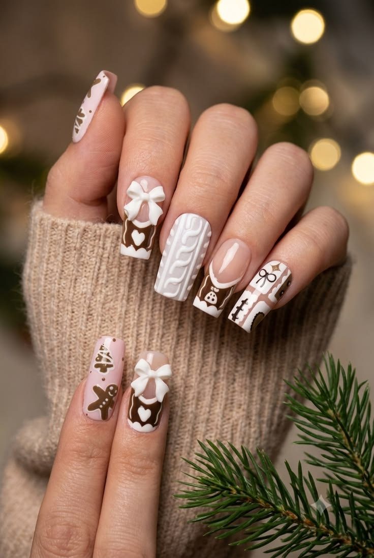 White Cable Knit Gingerbread Sweater Nails
