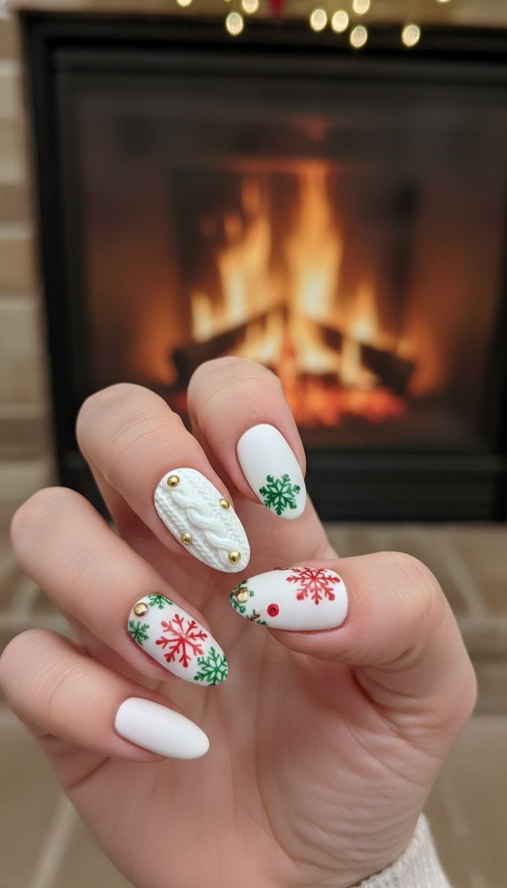 White Cable Knit Snowflake Sweater Nails