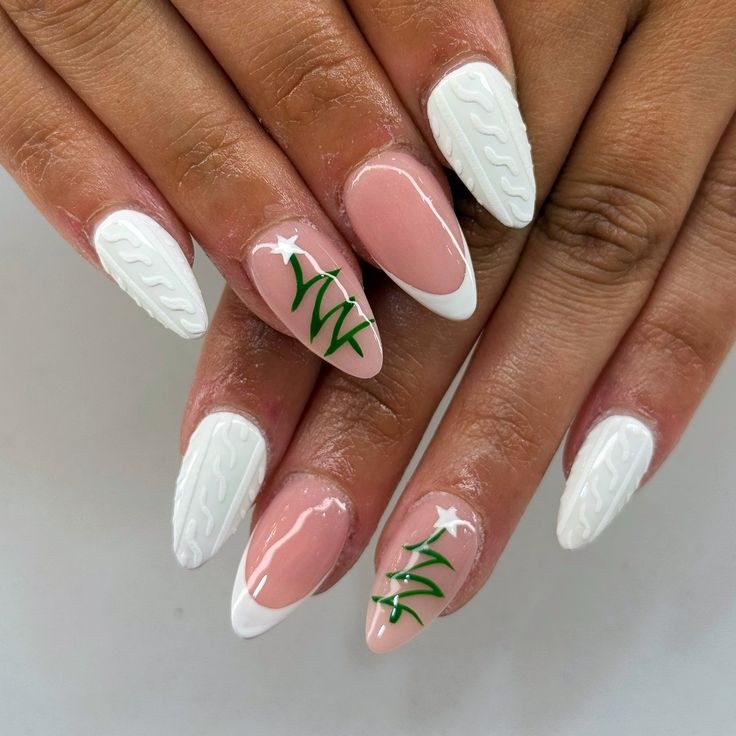 White Cable Knit Tree Sweater Nails