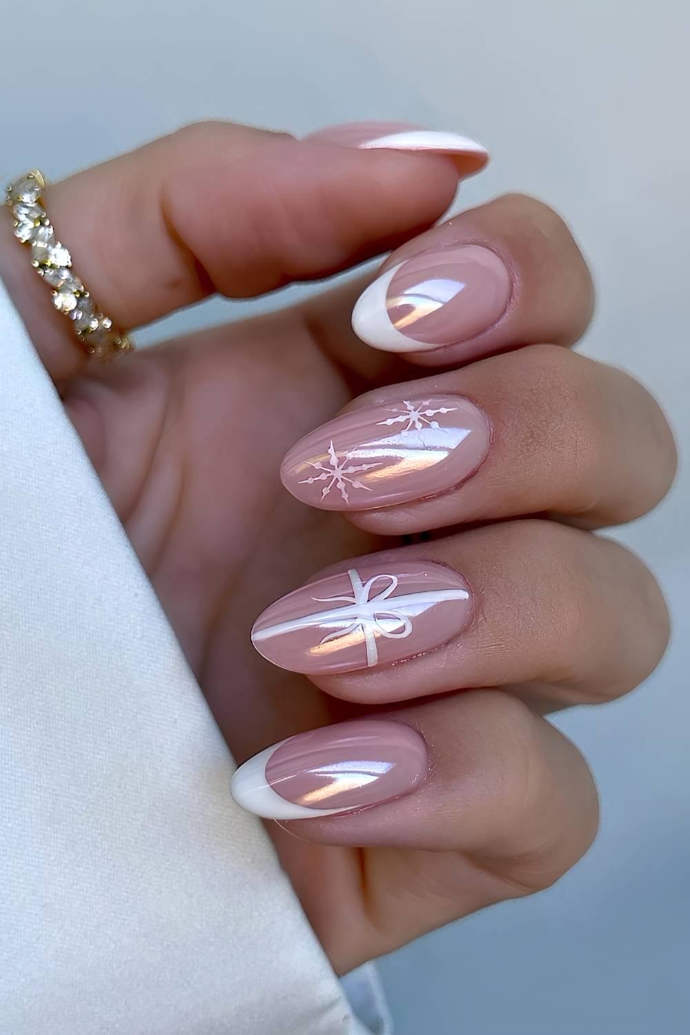 White Chrome Christmas French Nails