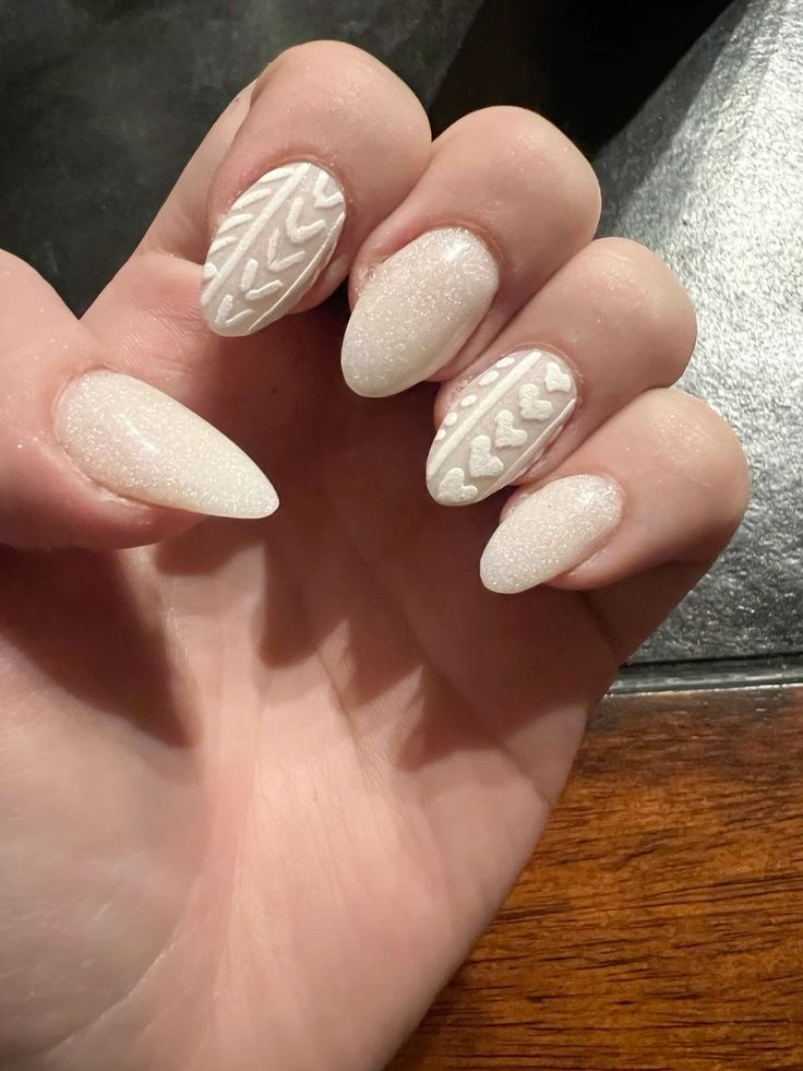 White Cream Cable Knit Sweater Nails