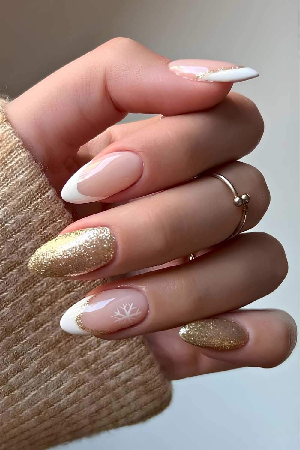 White French Gold Glitter Snowflake Nails