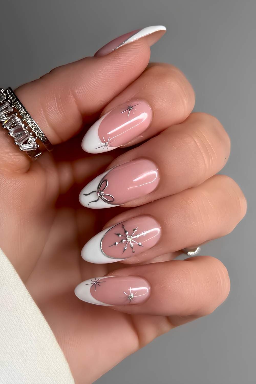 White French Silver Christmas Nails