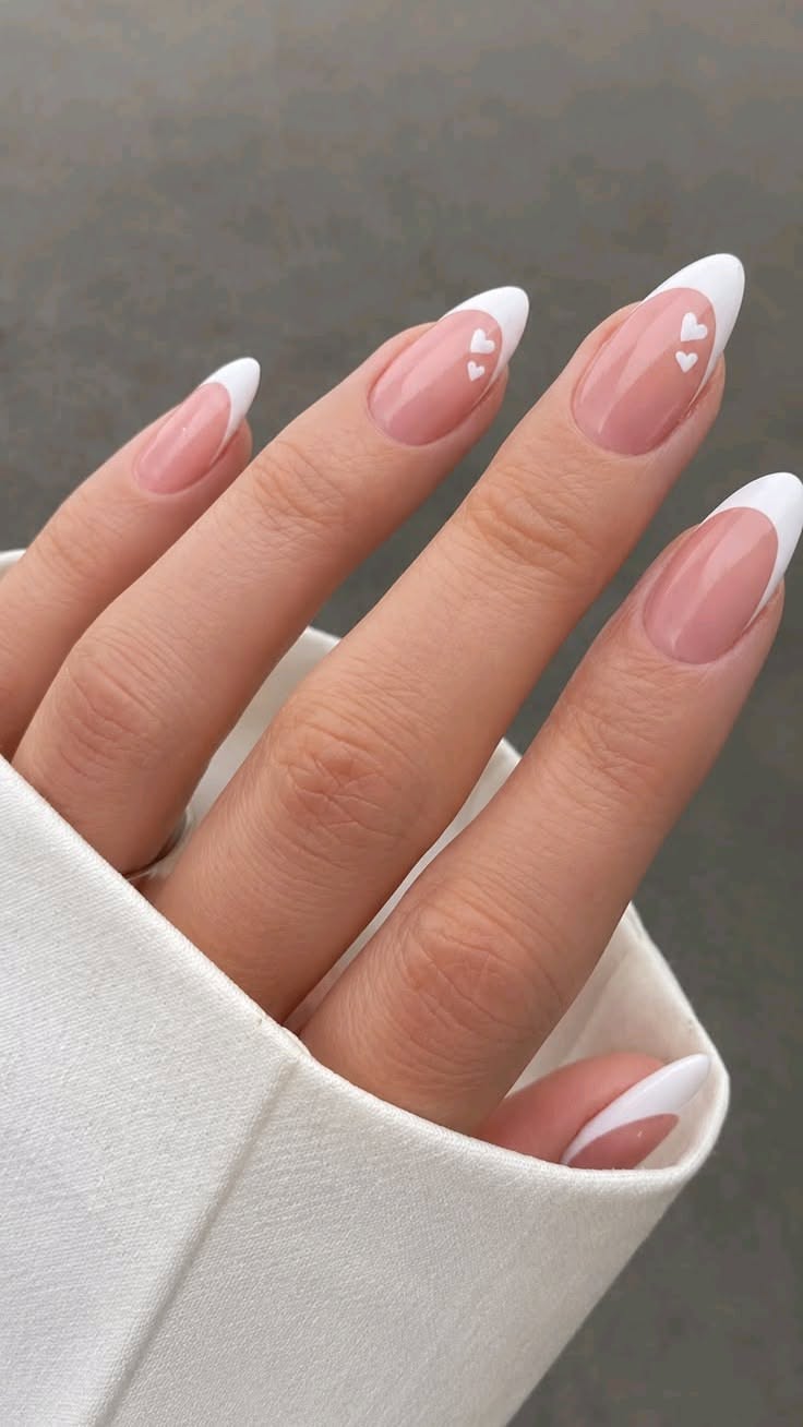 White French Tip Acrylic Nails With Hearts