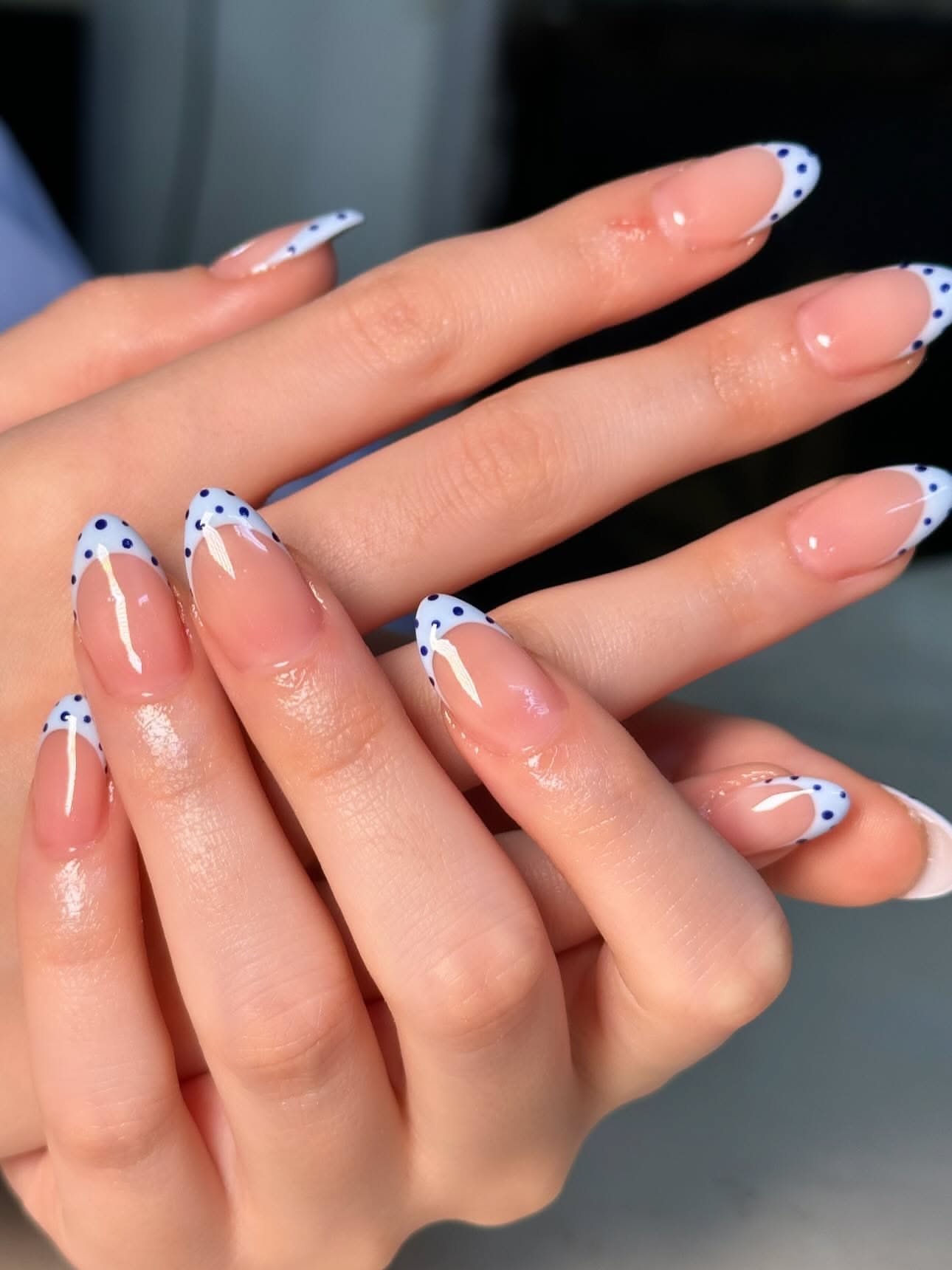 White French Tip Almond Nails With Navy Polka Dot Trim