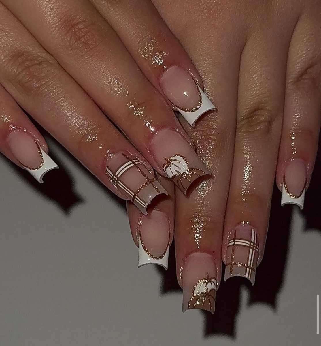 White French Tip And Gold Glitter Pumpkin Fall Nails