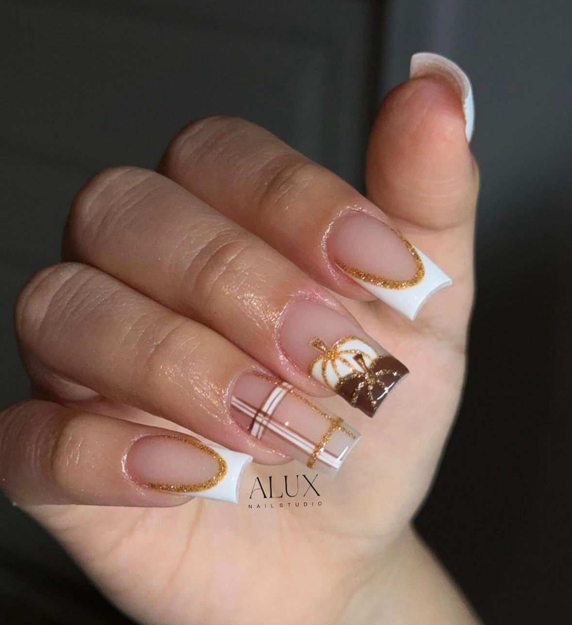 White French Tip Gold Pumpkin And Plaid Fall Nails