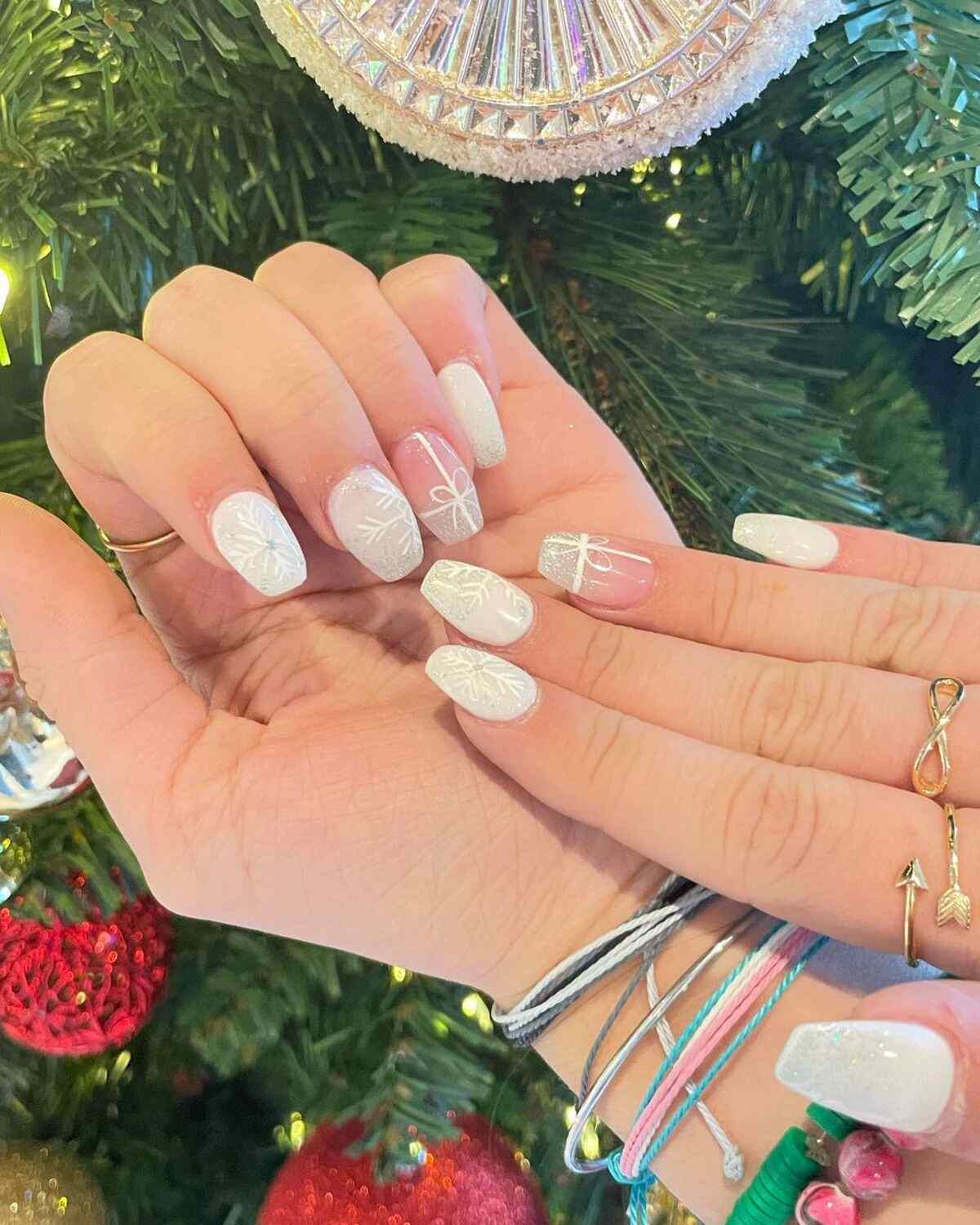 White Glitter Bow Coffin Nails