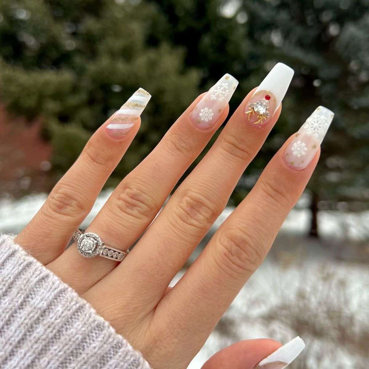White Gold Glitter Deer Coffin Nails