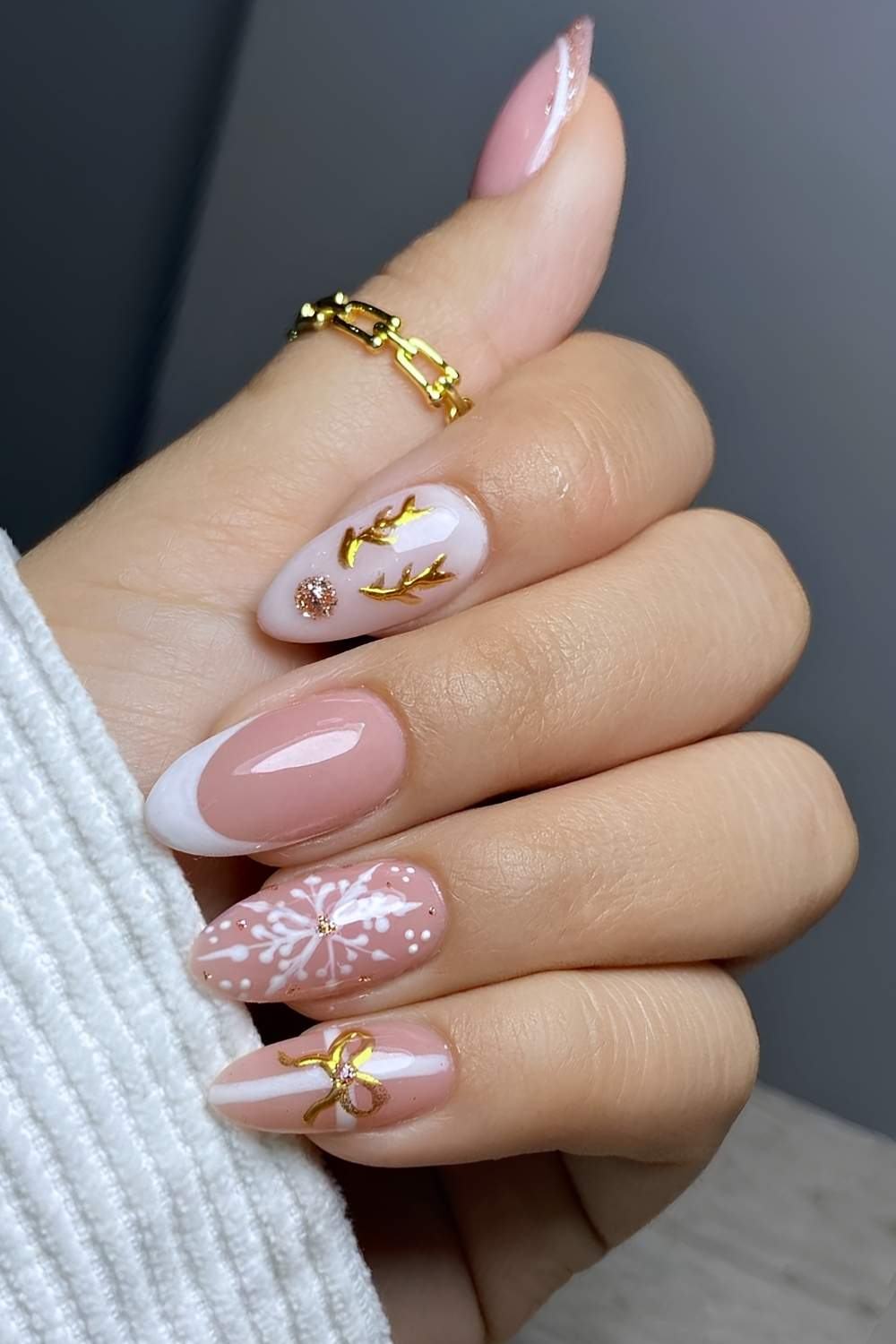 White Gold Reindeer Christmas Nails