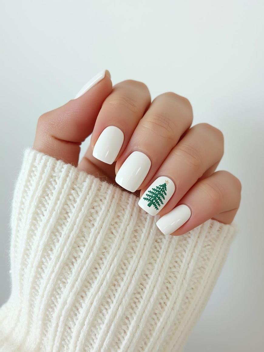 White Green Tree Winter Nails