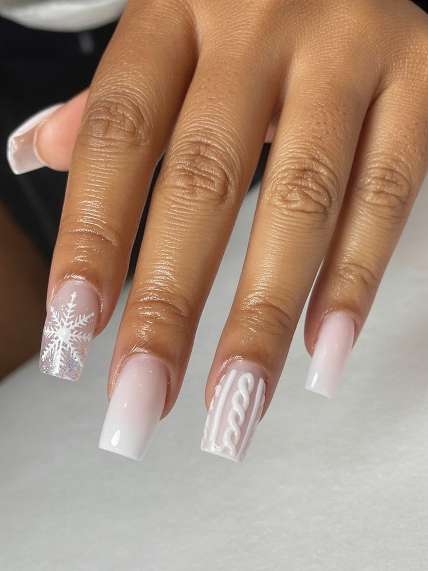 White Knit Snowflake Square Nails