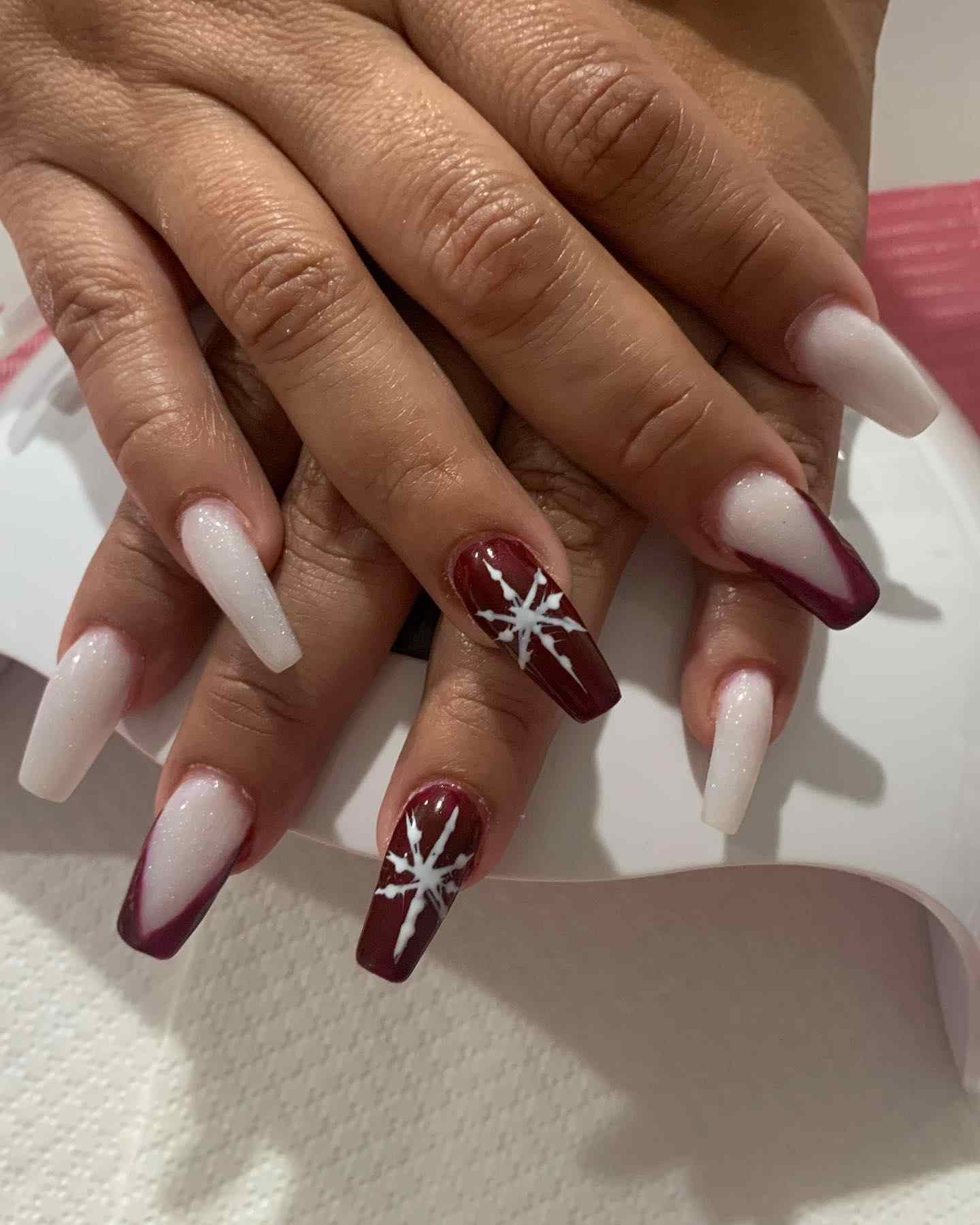 White Maroon Snowflake Coffin Nails