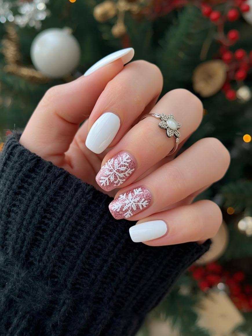 White Pink Glitter Snowflake Winter Nails