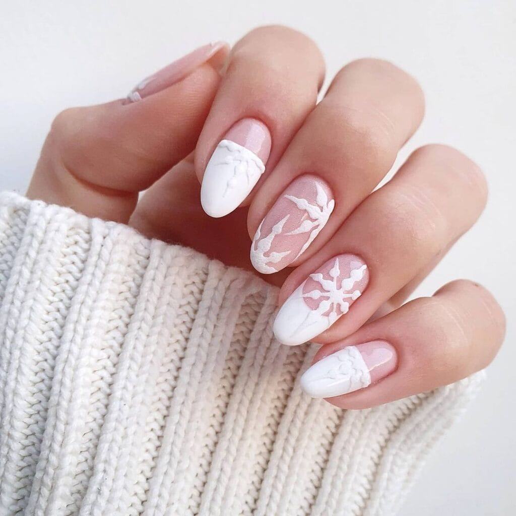 White Pink Snowflake Almond Nails