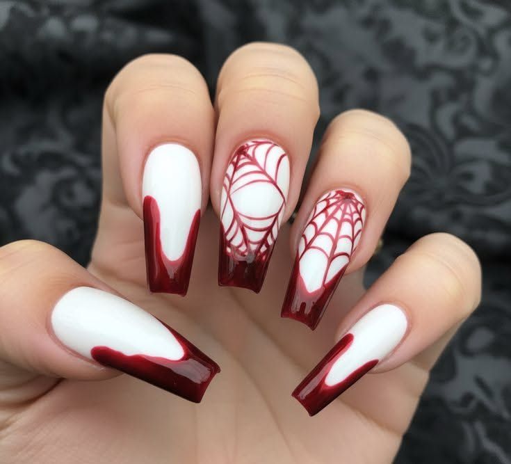 White Red Blood Spiderweb Coffin Nails