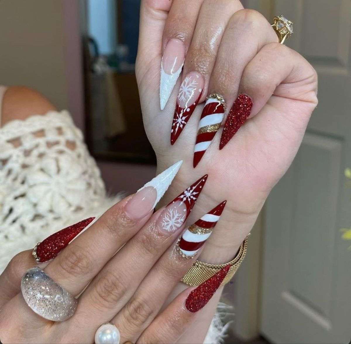 White Red Candy Stiletto Nails