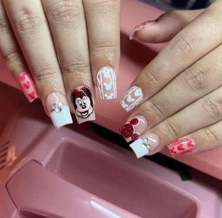 White Red Minnie Face Dot Disney Nails